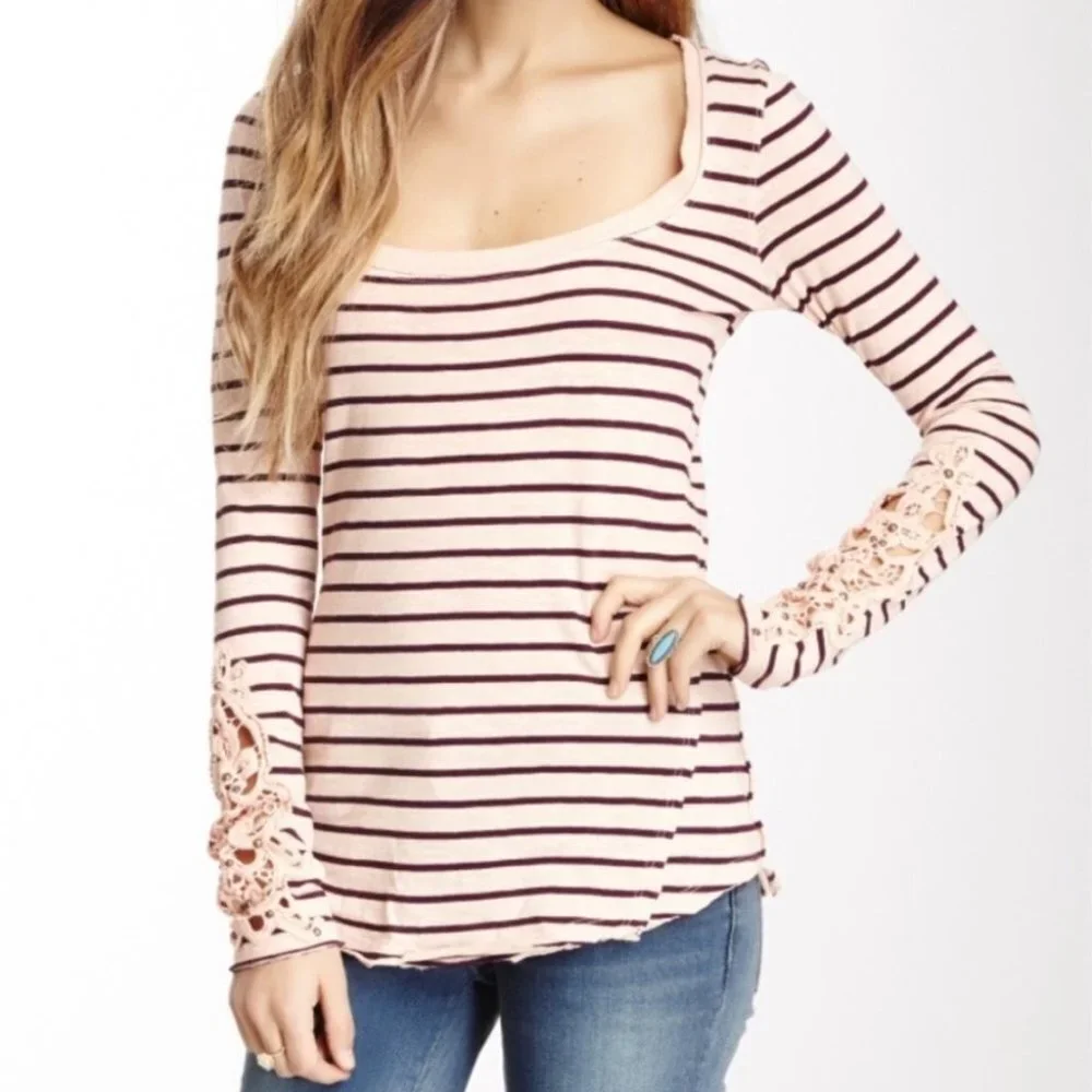 Free People Striped Embroidered Tee Pink Sz M